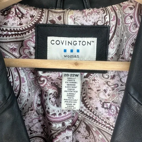 Vintage Covington Woman Black Genuine Leather Blazer Jacket Paisley Lining L-XL - Picture 2 of 8